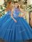 Sophisticated Blue Lace Up Halter Top Beading and Embroidery Quinceanera Dresses Tulle Sleeveless