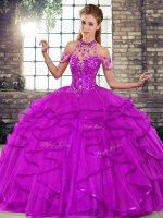 Ideal Purple Sleeveless Floor Length Beading and Ruffles Lace Up Sweet 16 Dress