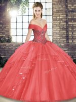 Sleeveless Floor Length Beading and Ruffles Lace Up Quinceanera Dress with Watermelon Red