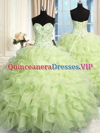 Decent Floor Length Yellow Green Sweet 16 Quinceanera Dress Organza Sleeveless Beading and Ruffles