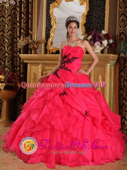 Beautiful Appliques Decorate Bodice Red Quinceanera Dress Sweetheart Floor-length Organza ruffles Ball Gown in Mount Vernon Virginia/VA - Click Image to Close