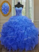 Captivating Blue Ball Gowns Sweetheart Sleeveless Organza Floor Length Lace Up Beading and Ruffles Sweet 16 Dress