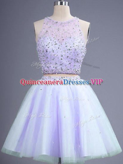 Tulle Scoop Sleeveless Lace Up Beading Vestidos de Damas in Lavender - Click Image to Close