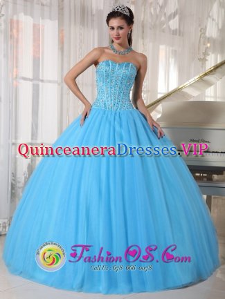 Gorgeous Chanute Kansas/KS Sky Blue Beaded Decorate Bodice Quinceanera Dress With Sweetheart Tulle Ball Gown