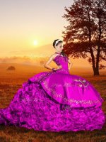 Wonderful Sleeveless Embroidery and Ruffles Lace Up Quinceanera Dress with Fuchsia Brush Train(SKU XBQD030-12BIZ)