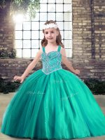 Ball Gowns Little Girls Pageant Dress Turquoise Straps Tulle Sleeveless Floor Length Side Zipper
