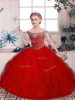 Red Off The Shoulder Lace Up Beading and Ruffles Little Girls Pageant Dress Sleeveless