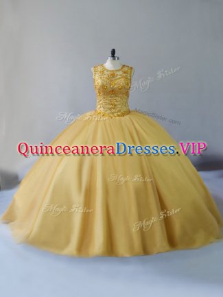 Nice Gold Lace Up Scoop Beading Sweet 16 Dress Tulle Sleeveless Brush Train