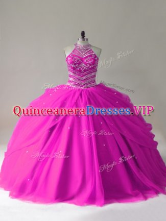 Luxurious Ball Gowns Quinceanera Dress Fuchsia Halter Top Tulle Sleeveless Lace Up