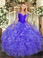 Lavender Ball Gowns Organza Scoop Long Sleeves Lace and Ruffles Floor Length Lace Up Sweet 16 Dress