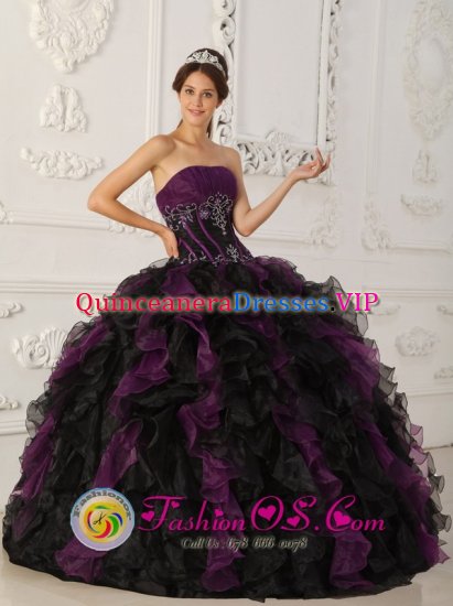 Lodi California/CA Brand New Purple and Black Quinceanera Dress With Beaded Decorate and Ruffles Floor Length - Click Image to Close