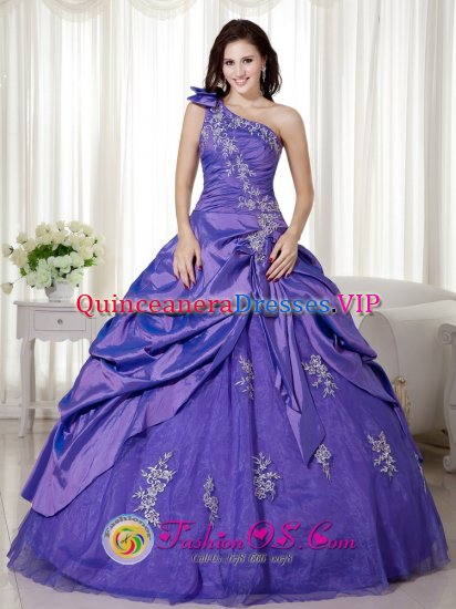 Elegant A-line Purple One Shoulder Appliques and Ruch Quinceanera Dresses Oline Taffeta and Organza in Celle - Click Image to Close