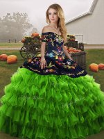 Super Green Off The Shoulder Lace Up Embroidery and Ruffled Layers Quince Ball Gowns Sleeveless