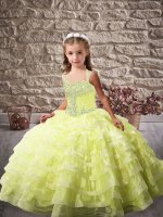 Unique Straps Sleeveless Organza Pageant Dress for Teens Beading and Ruffled Layers Brush Train Lace Up