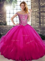 Fuchsia Lace Up Off The Shoulder Beading and Ruffles Quinceanera Dresses Tulle Sleeveless