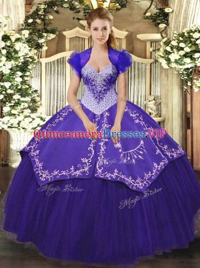 Satin and Tulle Sweetheart Sleeveless Lace Up Beading and Embroidery Quinceanera Gowns in Purple - Click Image to Close