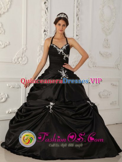 Black Princess Appliques Ruched Bodice Quinceanera Dress With Halter Neckline Taffeta IN Tibu colombia - Click Image to Close