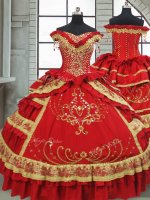 Admirable Red Ball Gowns Satin and Taffeta Off The Shoulder Cap Sleeves Beading and Embroidery and Ruffled Layers Floor Length Zipper Vestidos de Quinceanera