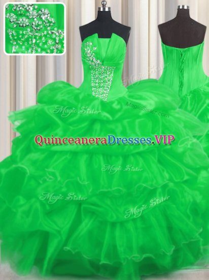 Green Lace Up Quince Ball Gowns Beading and Ruffled Layers and Pick Ups Sleeveless Floor Length - Click Image to Close