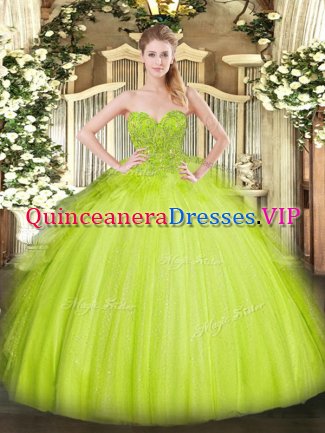 Edgy Yellow Green Tulle Lace Up Sweetheart Sleeveless Asymmetrical Quinceanera Gown Lace