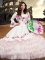 Traditional White Organza Lace Up Square Long Sleeves Floor Length Sweet 16 Dress Embroidery and Ruffled Layers