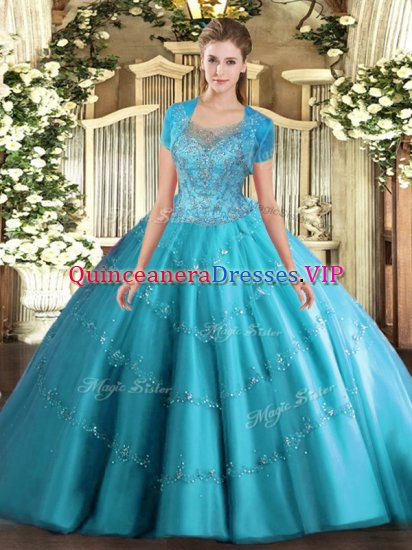 Aqua Blue Clasp Handle Scoop Beading and Appliques Quince Ball Gowns Tulle Sleeveless - Click Image to Close