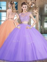 Lavender Sweet 16 Dress Military Ball and Sweet 16 and Quinceanera with Beading and Appliques Scoop Cap Sleeves Zipper