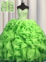 Customized Visible Boning Brush Train Sweetheart Sleeveless Sweep Train Lace Up Quince Ball Gowns Green Organza(SKU PSSW0585-1BIZ)