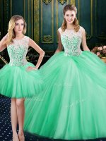 Stylish Three Piece Apple Green Scoop Neckline Lace and Pick Ups Ball Gown Prom Dress Sleeveless Lace Up