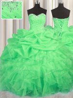 Most Popular Green Organza Lace Up Quince Ball Gowns Sleeveless Floor Length Beading and Ruffles and Ruching and Pick Ups