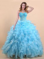 Light Blue Organza Lace Up Sweetheart Sleeveless Floor Length Ball Gown Prom Dress Appliques and Ruffles