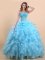 Light Blue Organza Lace Up Sweetheart Sleeveless Floor Length Ball Gown Prom Dress Appliques and Ruffles