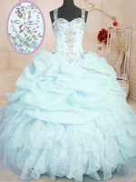 Light Blue Ball Gowns Beading and Ruffles and Pick Ups Ball Gown Prom Dress Zipper Organza Sleeveless Floor Length