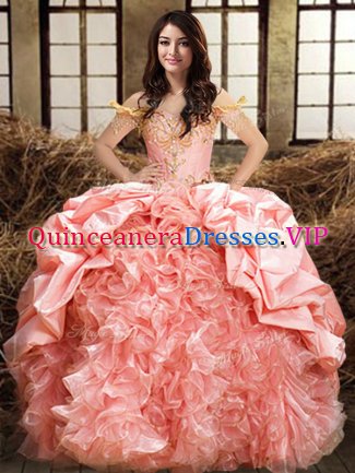 Romantic Pick Ups Ball Gowns Vestidos de Quinceanera Pink Off The Shoulder Organza and Taffeta Sleeveless Floor Length Lace Up