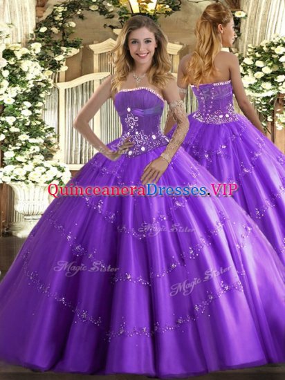 Lavender Lace Up Quinceanera Gown Beading and Appliques Sleeveless Floor Length - Click Image to Close