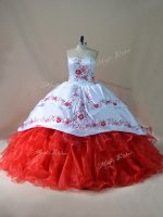 Ball Gowns Sleeveless White And Red Sweet 16 Quinceanera Dress Court Train Lace Up