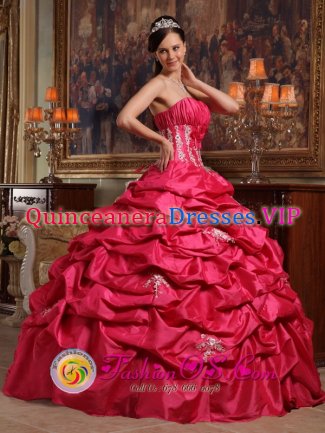 Appliques Affordable Coral Red Northville Michigan/MI Quinceanera Dress Strapless ruching Taffeta Ball Gown