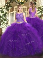 Luxury Floor Length Purple Quince Ball Gowns Scoop Sleeveless Lace Up