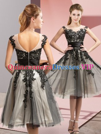 Deluxe Sleeveless Zipper Knee Length Beading and Lace Damas Dress