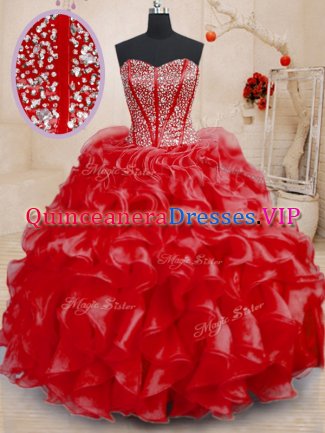 Charming Red Sweetheart Neckline Beading and Ruffles Quinceanera Dress Sleeveless Lace Up