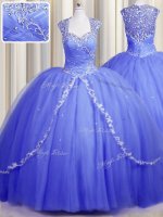 Lovely Zipper Up With Train Blue 15th Birthday Dress Tulle Brush Train Cap Sleeves Beading and Appliques(SKU PSSW0598-8BIZ)