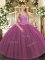 Tulle V-neck Sleeveless Lace Up Beading Ball Gown Prom Dress in Fuchsia