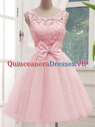 Delicate Baby Pink A-line Lace and Bowknot Dama Dress for Quinceanera Lace Up Tulle Sleeveless Knee Length