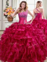 Fashionable One Shoulder Sleeveless Floor Length Beading and Ruffles Lace Up Quinceanera Dresses with Fuchsia