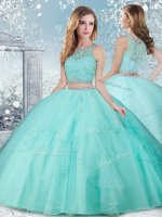 Sleeveless Floor Length Beading Clasp Handle Ball Gown Prom Dress with Aqua Blue
