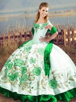 Excellent Off The Shoulder Sleeveless Quinceanera Dresses Floor Length Embroidery Green Satin and Organza(SKU XBQD159-9BIZ)