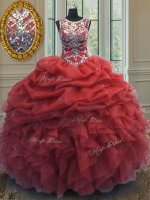 Suitable Coral Red Scoop Lace Up Beading and Ruffles and Pick Ups Sweet 16 Quinceanera Dress Sleeveless