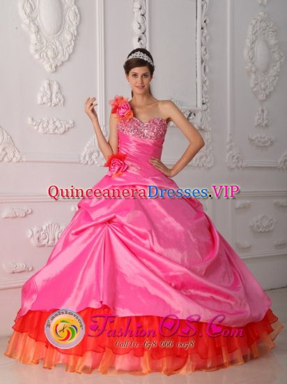 Pulaski Wisconsin/WI One Shoulder Multi-color Beaded Decorate Bust and Hand Made Flowers Quinceanera Dresses With Pick-ups - Click Image to Close