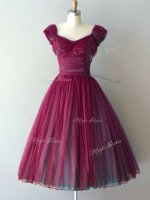 Burgundy A-line V-neck Cap Sleeves Chiffon Knee Length Lace Up Ruching Quinceanera Court of Honor Dress