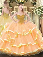 Gorgeous Sweetheart Sleeveless Sweet 16 Quinceanera Dress Floor Length Beading and Ruffled Layers Peach Organza